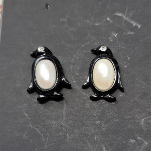 Black Penguins with Pearl Belly Pierced Earrings